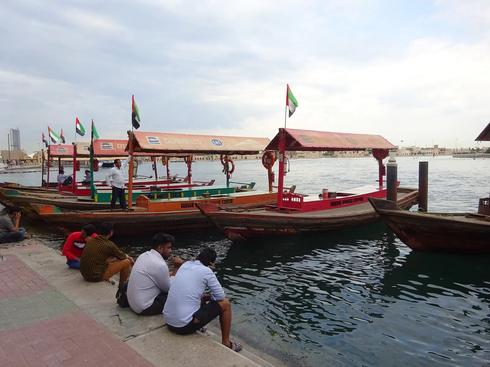Wooden abra boats moored along Dubai Creek