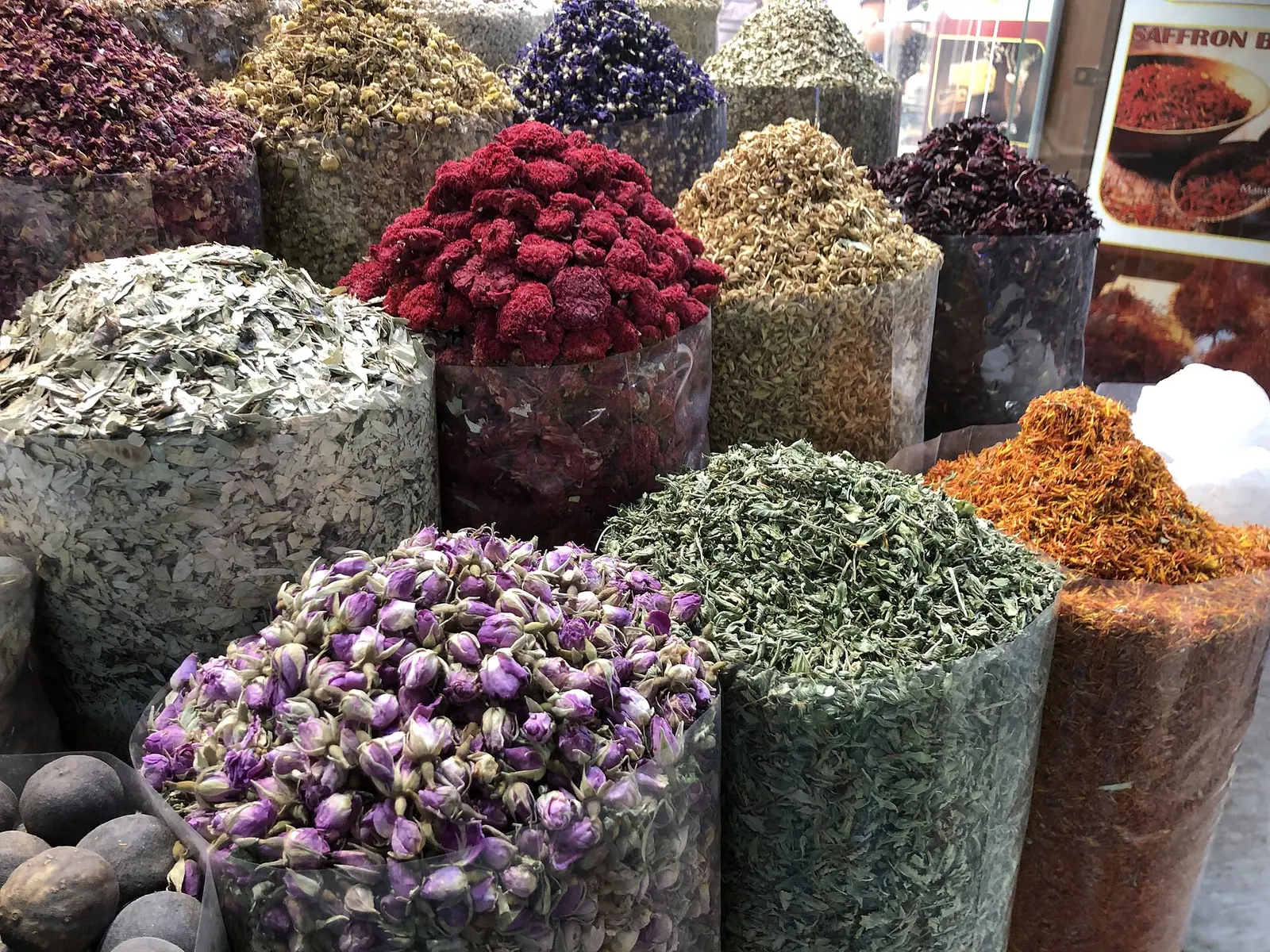 Sacks of dried flowers and spices in the Deira Spice Souk