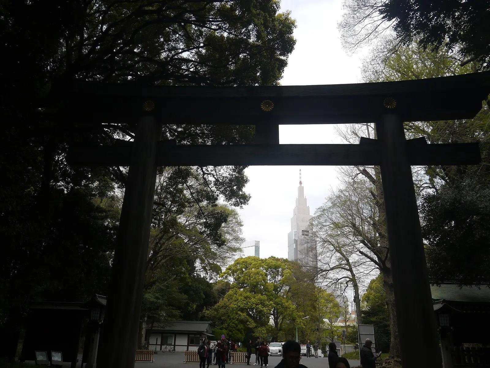 A large wooden torii gate on the path to Meiji Jingu