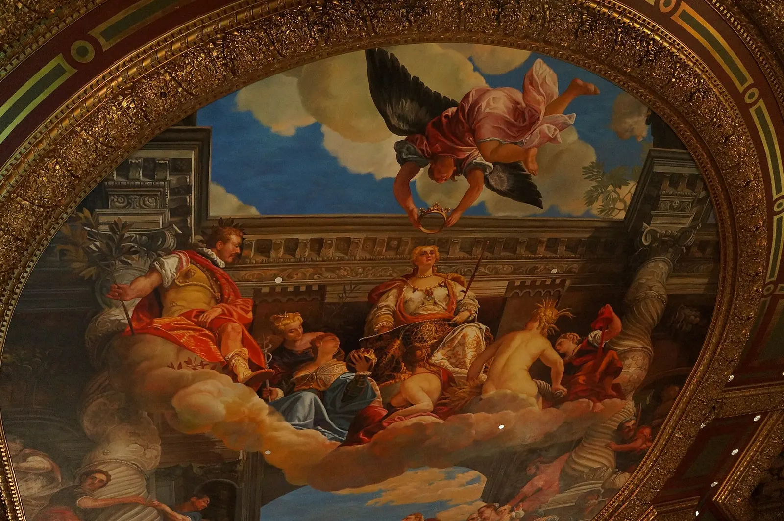 The painted ceiling and shops inside the Venetian